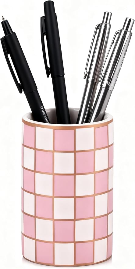 Ceramic Checkered Pen Holder For Desk,Cute Stand Black And White Pencil Cup,Durable Ceramic Pencil Cup, Decorative Makeup Brush Holder Cup, Stationery Holder for Office, School, Home (Pink)