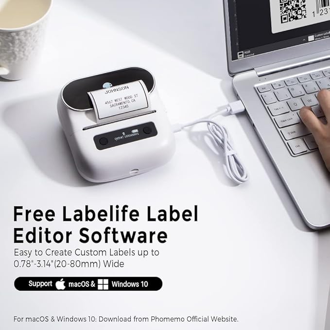 Phomemo M220 Label Maker, Bluetooth Thermal Label Printer, Barcode, Name, Address, Labeling, Mailing, Small Business and More with 1 Roll 40 x 30mm and 1 Rolls 70 x 80mm Label Tapes
