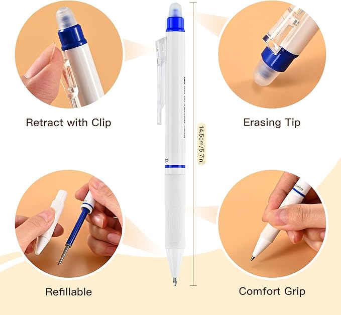 Erasable Gel Pens, 0.7mm Medium Point, 6 Count, Black and Blue Ink, Erasable Pens Clicker + 6 Counts Refills, Make Mistakes Disappear for Writing Planner Drawing and Crossword Puzzles