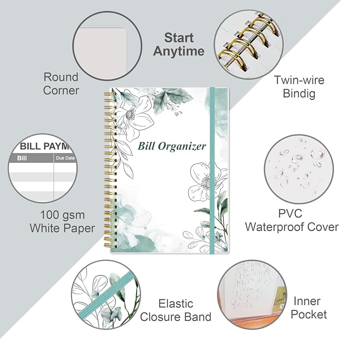 Bill Organizer - Monthly Bill Payment for Personal Budgeting Financial, Payments Checklist Organizer, 5.8" x 8.5", Teal Floral