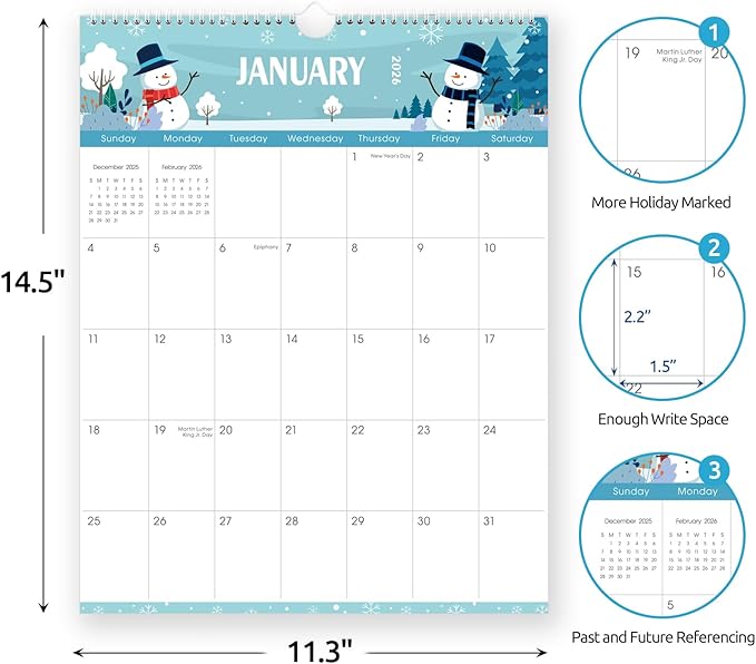 SKYDUE Wall Calendar 2025-2026, 18 Months Calendar from Jul. 2025 to Dec. 2026, 14.5 x 11.5 Holiday Theme Vertical Wall Calendar with 280 Planner Stickers
