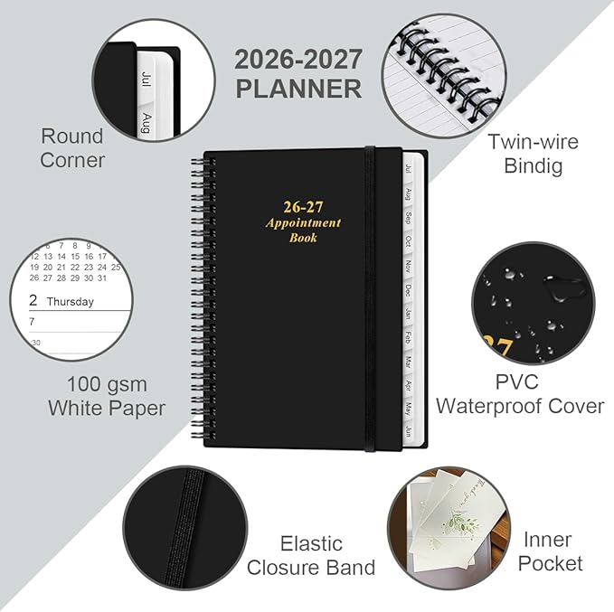 2026-2027 Appointment Book & Planner - 2026-2027 Daily Hourly Planner from July 2026 - June 2027, Weekly Appointment Book with 30-Minute Interval, Medium 6.4" x 8.5", Black-B