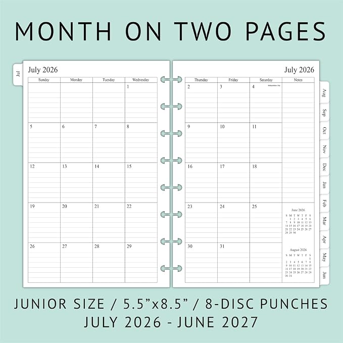 2026-2027 Weekly & Monthly Planner Refills for 8-Discbound Planners, July 2026 to June 2027, Junior Size, 5-1/2"x8-1/2"