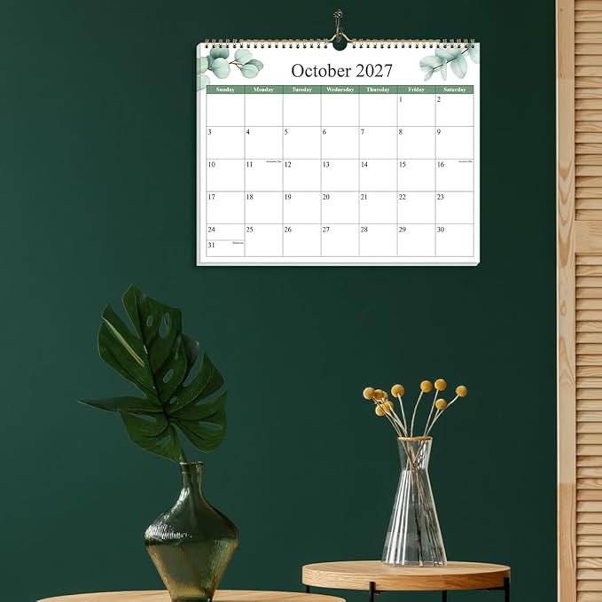 2026-2027 Calendar - Calendar 2026-2027 from June 2026 - December 2027, 19 Months Calendar with Premium Paper, Twin-Wire Binding & Hanging Hook, 12" x 14.5", Green Leaf