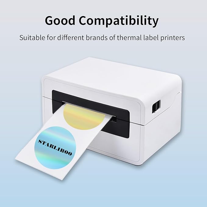 STARLIBOO 2 Inch Round Holographic Thermal Label Stickers, Glitter Circle Thermal Printer Sticker Labels, Self-Adhesive Direct Labels for Gift Wrapping-5 Colors