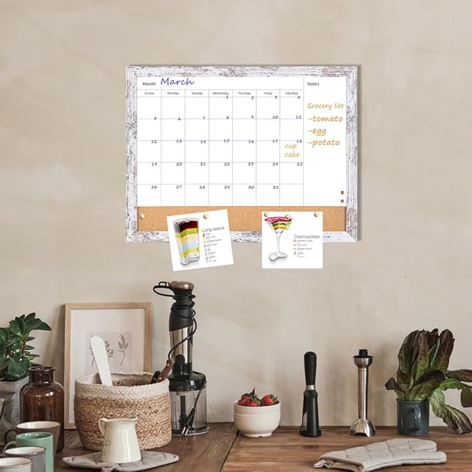 Monthly Calendar Dry Erase White Board & Cork Bulletin Board，13" x 17" White Wood Frame，Magnetic Surface Whiteboard.Perfect for Organizing Your Space.Whiteboard+Cork-3343B-WH