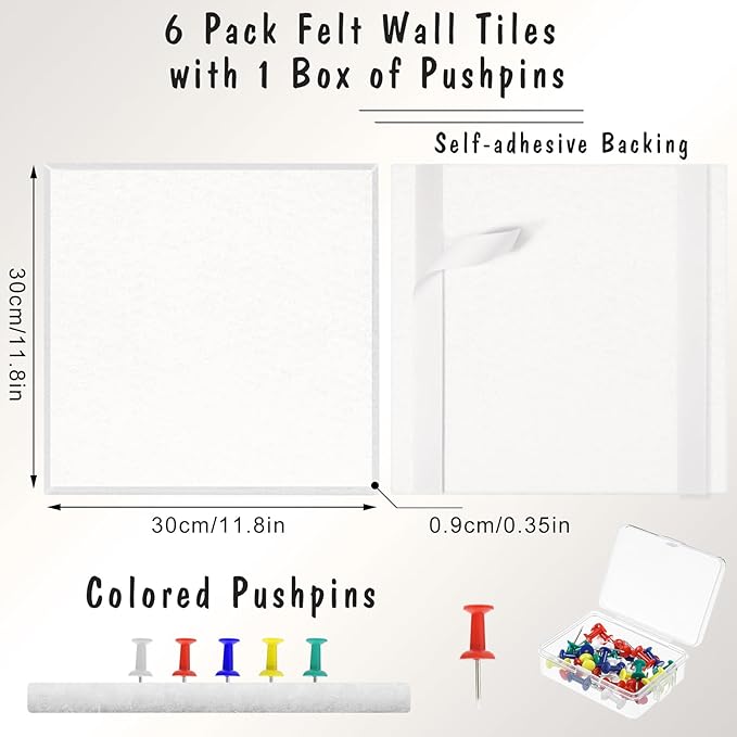 Thboxes Large Cork Board 36" x 24", 6 Pack Felt Bulletin Board with 30 Pushpins, Cork Boards Alternative with Self-Adhesive Strips, Felt Wall Tiles Pin Board for Wall Office Home School Decor-White
