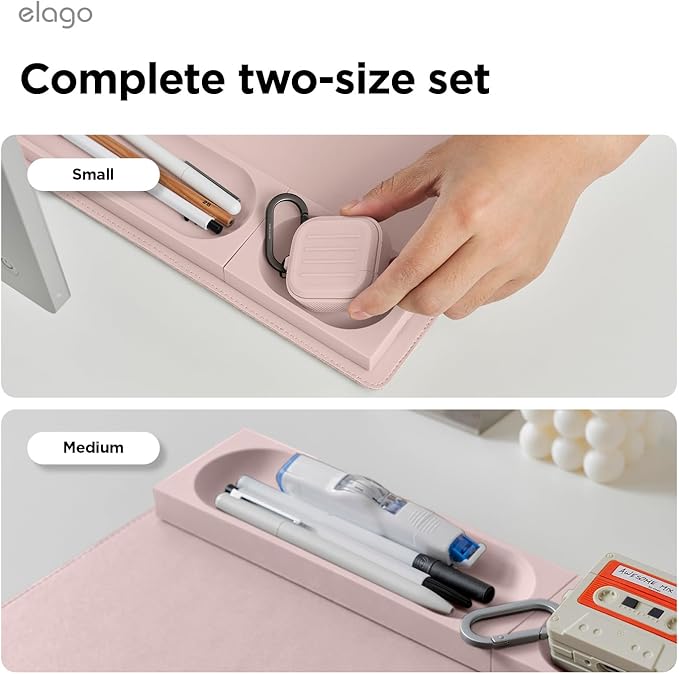 elago Smart Magnetic Desk Mat Pencil Tray – Soft Silicone Organizer for Office Supplies, AirPods, Glasses, Pens – Noise-Free, Washable, Item for Desk Management [Medium-Small Set] (Lovely Pink)