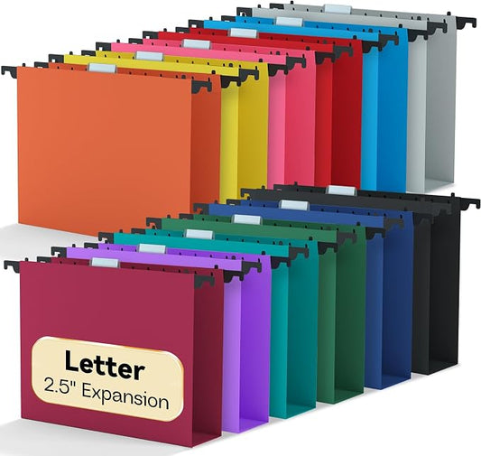 Plastic High Capacity Hanging File Folders,12 Pack Heavy Duty 2.5" Expanding Wide Hang Folder Letter Size,Colored Office File Cabinet Folder with Tab,Sturdy Hanging Organizer for Bulky File