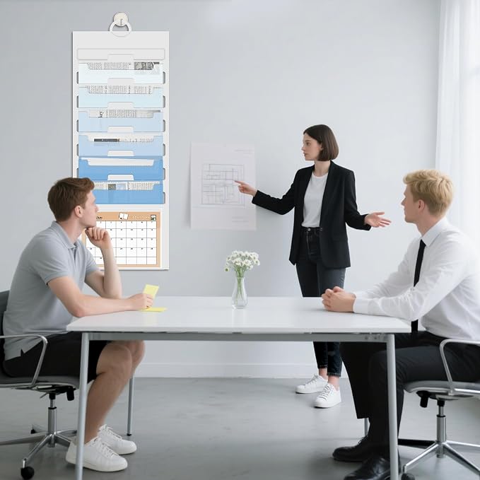 Wall File Organizer 6 Pocket, Hanging Wall File Organiser for Classrooms and Offices, 6 Removable Poly Hanging File Folders