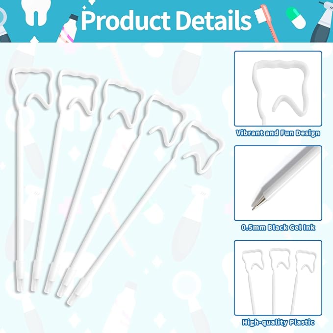 12 Pack White Tooth-Shaped Ballpoint Pens, 0.5mm Black Gel Ink, Perfect Gifts for Dental Professionals, Novelty Office Giveaways, School and Office Supplies, Dental Hygiene Education Tools