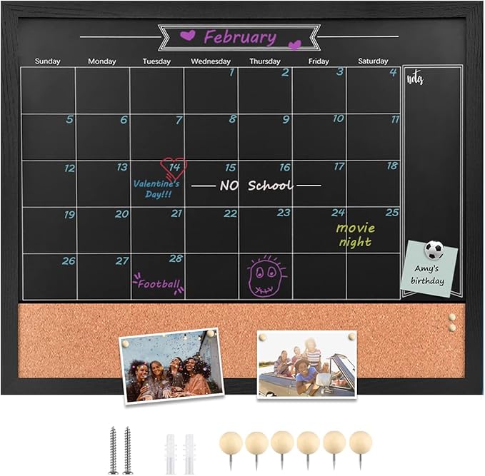 TORASO Chalkboard Calendar & Corkboard, Magnetic Surface 24" x 32" Combination Chalk Board & Bulletin Board, Black Framed Blackboard/Calendar/Cork Combo Board(ZHHB-BK-6080)