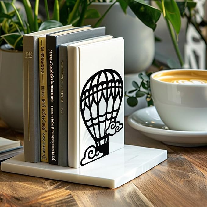 Peacoblue Metal Bookends for Shelves, Modern Decorative Heavy Duty Study Book Support Stoppers for Office, Desk, Shelf, Room 5.3"x4.3"x7.9" Cast Iron Simple Tall Bookends, 1 Pair (Hot Air Balloons)
