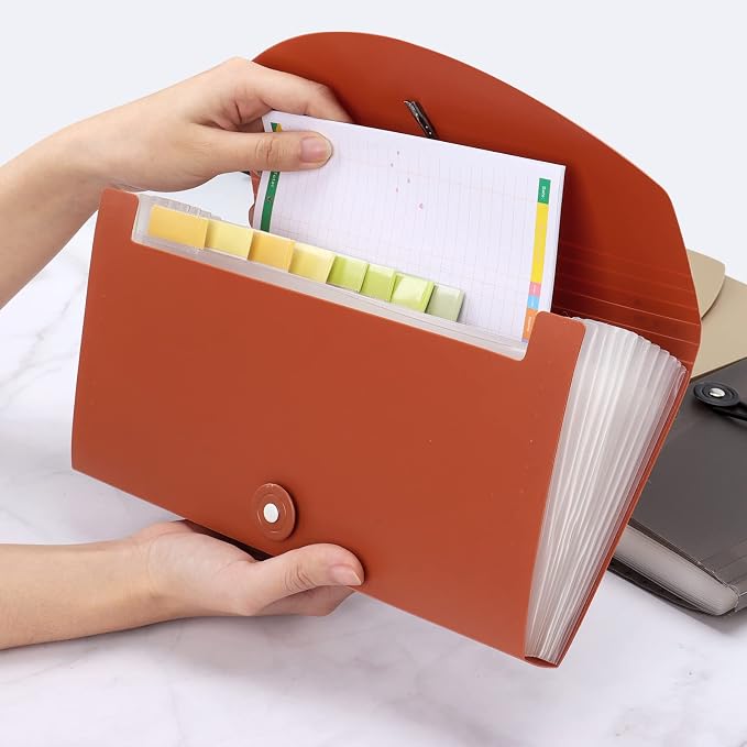 Oak-Pine 13 Pocket Receipt Folder/Expanding Coupon Currency Organizer with Label/Plastic Check Bill File Storage/Small Accordion Card Ticket Holder Wallet for Office Home (Khaki)