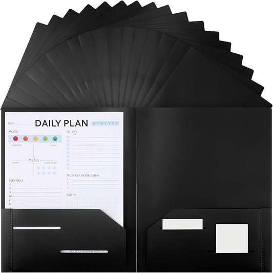 Fulmoon 48 Pack Plastic Folders with 2 Pockets Bulk 11 x 9 Inch Heavy Duty File Pocket Folders and 4 Card Slots Fit Letter Size Paper Cards for Back to School Office Home Supply(Black)