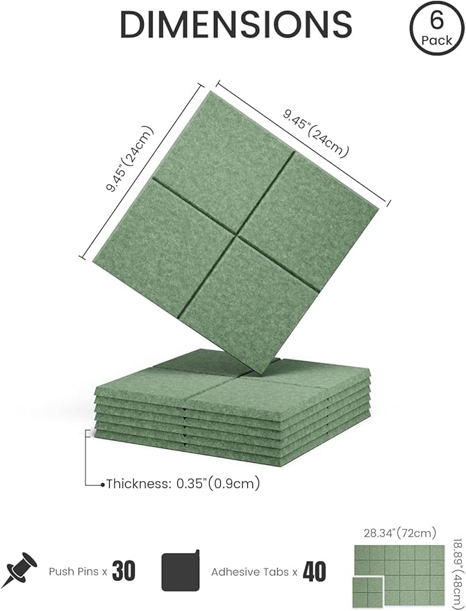 Fluxynara Felt Bulletin Board Tiles -28"x18" with 40 Adhesive Tabs, Cork Board Alternative for Office Decor, Push Pin Board Wall Organizer 6-Pack (Moss Green)