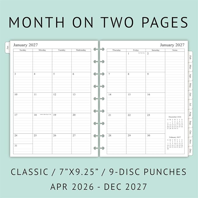 newestor 2026-2027 Planner Refills for Happy Planner Classic Size, Monthly Pages, Apri 2026 - Dec 2027, 9-Disc Punched, 7" x 9-1/4"