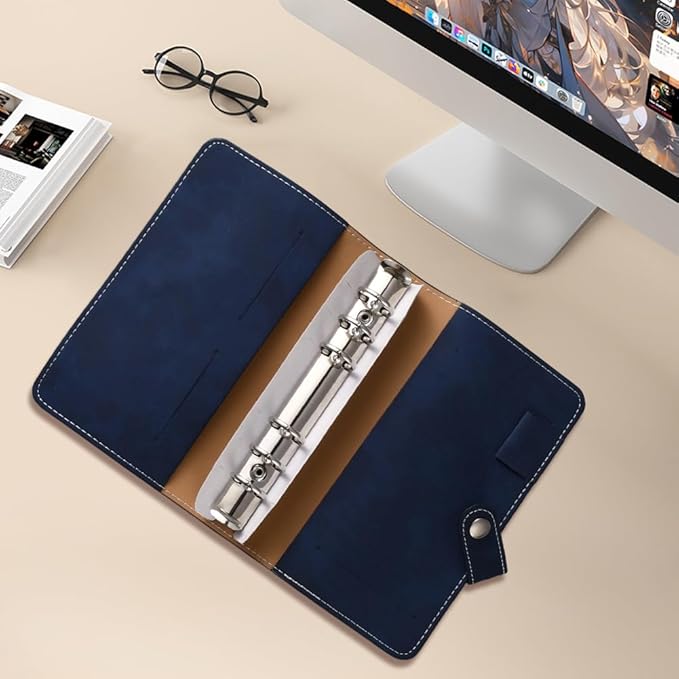 A6 PU Leather Binder Cover Refillable Soft Cover Travel Journal Notebook Protector Folder 6 Ring Planner Cover Loose Leaf Binder with Divider Pocket for Meeting Filler Paper Cash (Dark Blue)