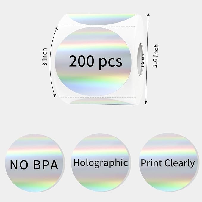 Round Thermal Label Printer Stickers, 3 Inch Holographic Silver Thermal Label Sticker, Holographic Circle Direct Printer Stickers- Perforation Line Design