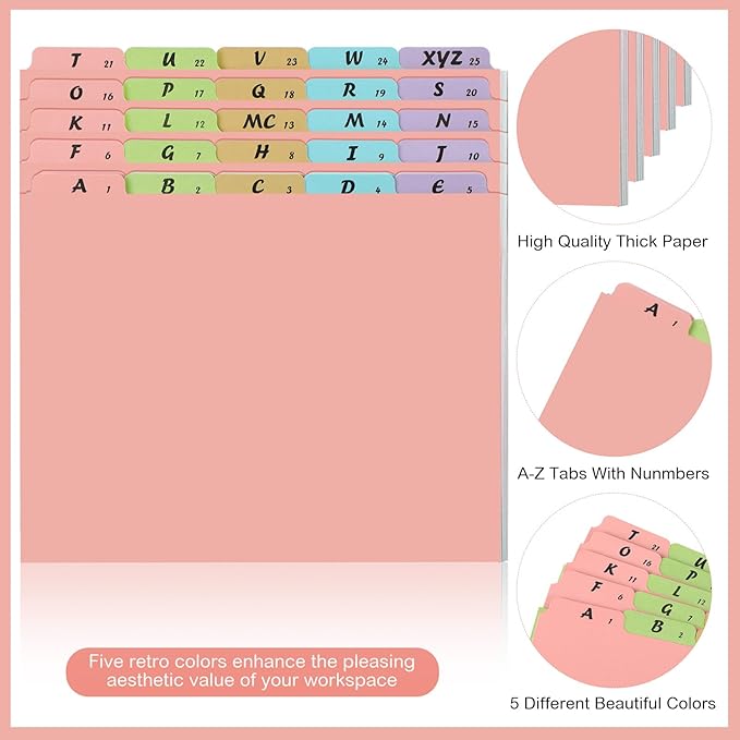2 Set 50 Pcs Alphabet File Dividers A-z Top Tab Guides Set, Letter Size Filing Organizers 1/5 Cut Alphabetical File Folder Tabs for Home, Office, School(Pink)