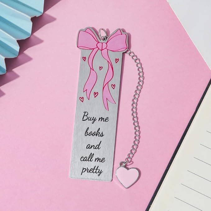 ZhuoXing Pink Bowknot Stainless Steel Bookmark - Cute Bowknot Patterns & Heart Pendants, Ideal for Female Readers, Set of 5