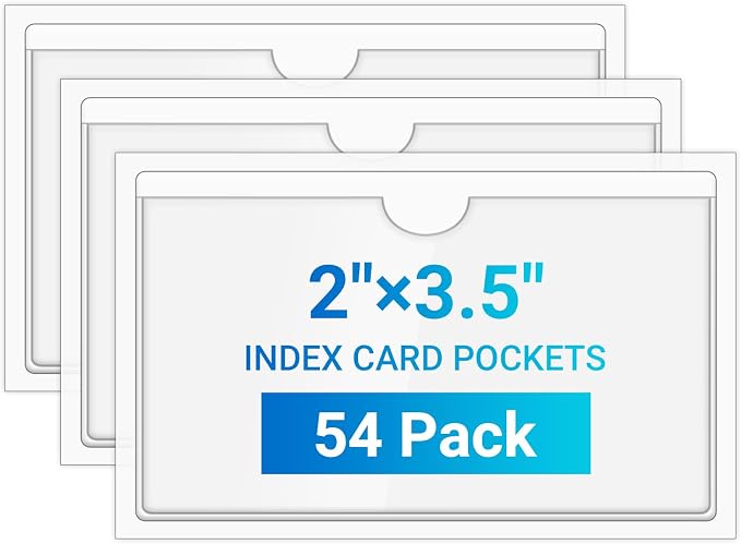 MaxGear 2" x 3.5" Index Card Holder, 54 Pack Labels for Storage Bins, Clear Adhesive Pockets with Top Open Loading, Plastic Label Holders Tote Bag Labels Stickers for Organizing Library Card Shelves
