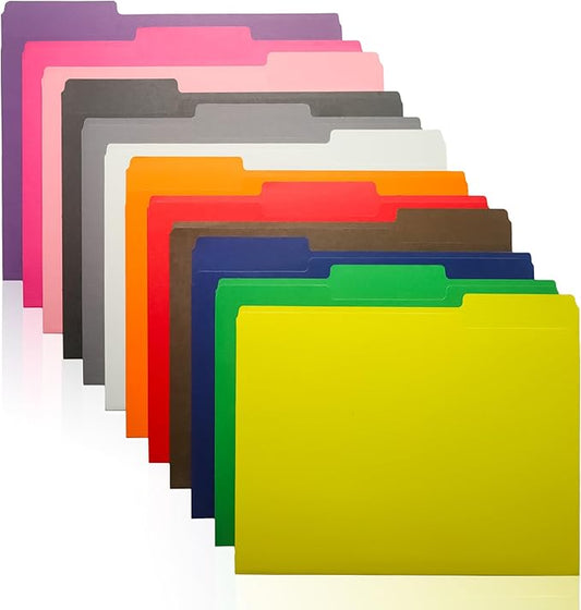 Colored File Folders 12 Pack Assorted Colors, 1/3-Cut Tabs, Letter Size 1/3-Cut Tab File Folders for Office, Home, School, Paper & Organization Filing Cabinets. (Assorted)