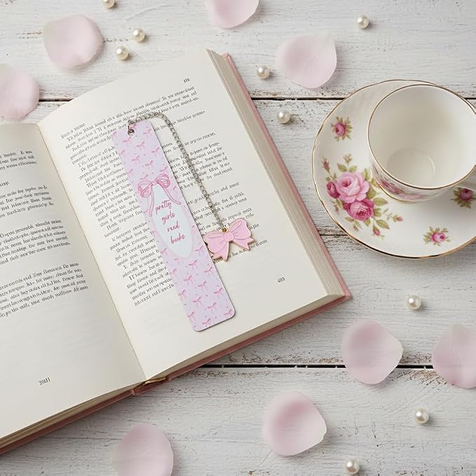 Pink Bow Metal Bookmark Gift Silver Chain Pendant with Bow for Women's Christmas Gift Book Lover Book Accessories School Supplies Office Stationery (Pink Bow)