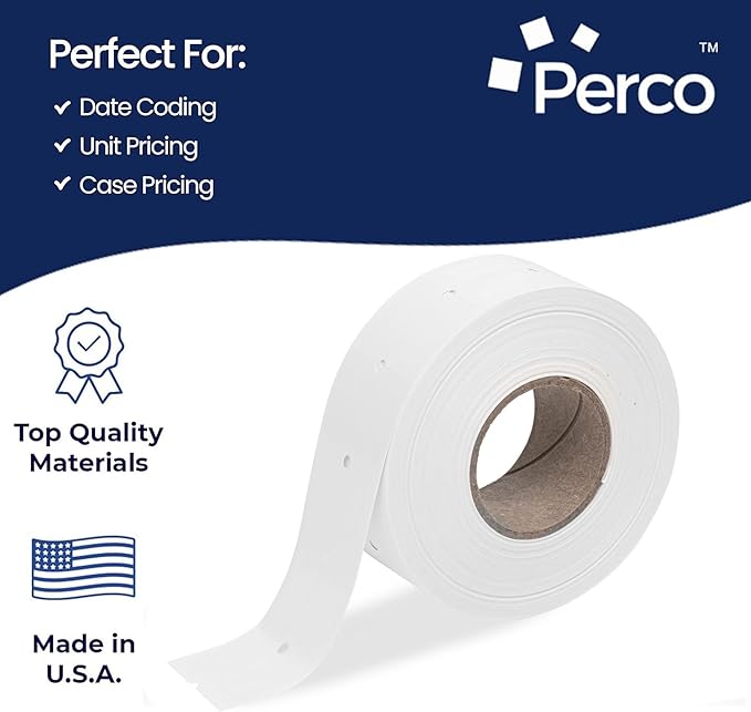 Perco 2 Line Removable Adhesive Labels - 8 Rolls, 1 Sleeve, 6,000 Blank Price and Date Gun Labels for Perco 2 Line Price and Date Guns - Made in USA