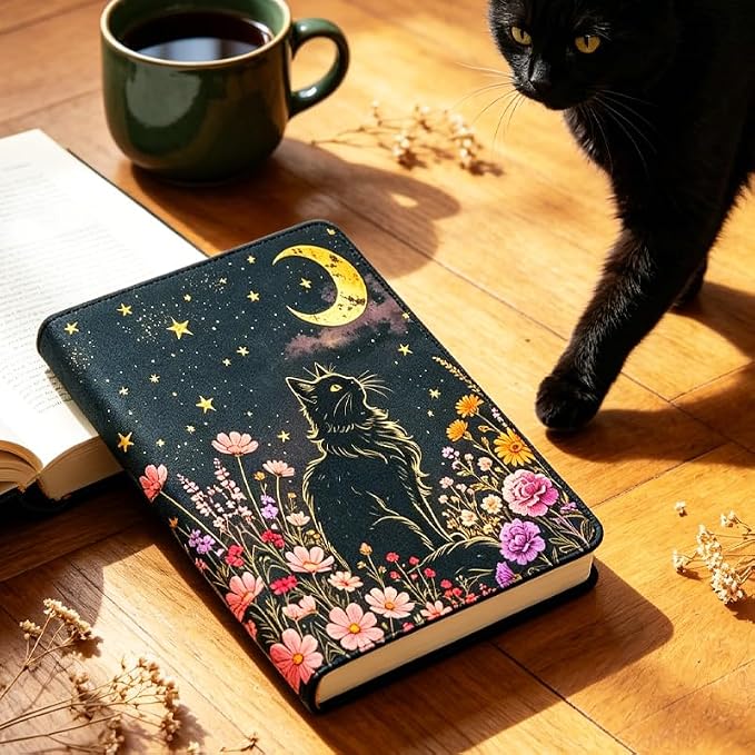Cat & Flower Patern Stretchable Book Cover 15.7"x9.8", Elastic Washable Book Protector for Hardcover Textbooks Paperbacks, Reusable Polyester Book Sleeve for Women
