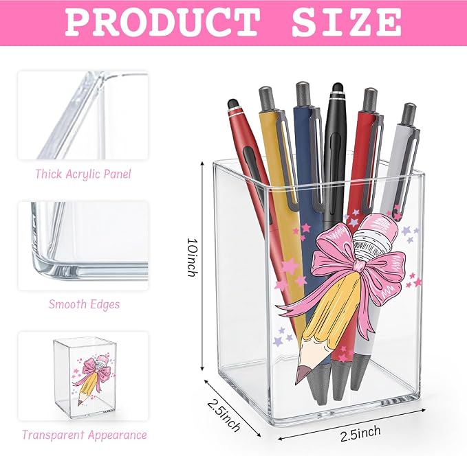 Pink Bow Girly Teacher Acrylic Cosmetic Pencil Pen Holder Cup Best Teacher Gifts Idea Yellow Pencil Cute Decor for Home Office Desk Vanity Organizers and Accessories