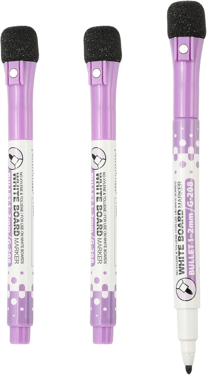 PATIKIL Magnetic Whiteboard Pen, Fine Tip Dry Erase Purple White Board Markers with Eraser Whiteboard Calendar Supplies for Classroom Office, 3 Pcs, 1-2mm Tip