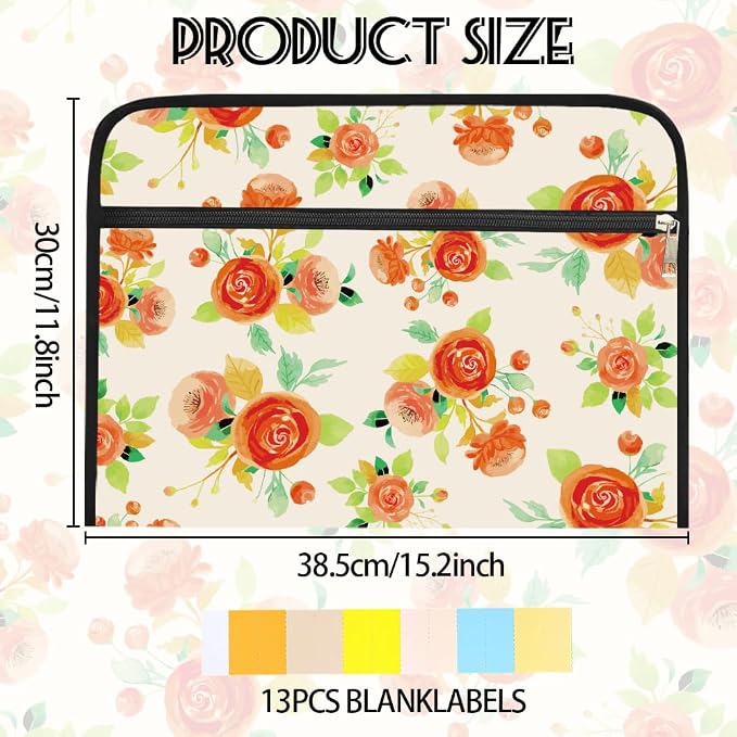 WEBEEDY 13 Pockets Watercolor Flower Expanding File Folder Floral Accordion Folder File Organizer with Labels and Zipper, Portable Expandable Paperwork Organiser for A4 Paper Document Photo Receipt