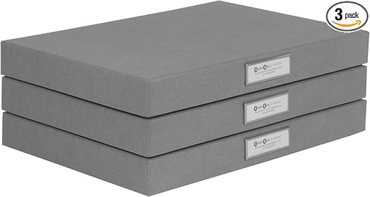 Bigso Sven Fiberboard Classic Hinged Document Box - File Organizer for Important Paperwork - Document Storage Box with Hinged Lid & Label Window - 1.8 in x 13.2 in x 9.3 in - 3 Pack - Grey