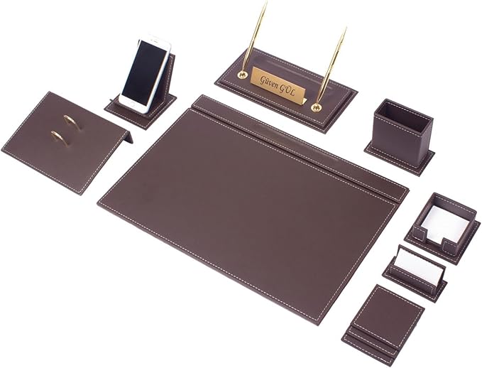 Leather Desk Set-Desk Office Accessories-Office Organizer- Home Office Accessories - Desk Supplies - Desk Storage Organizer -Desk Pad-Storage-12 Pieces -12 PCS(Brown)