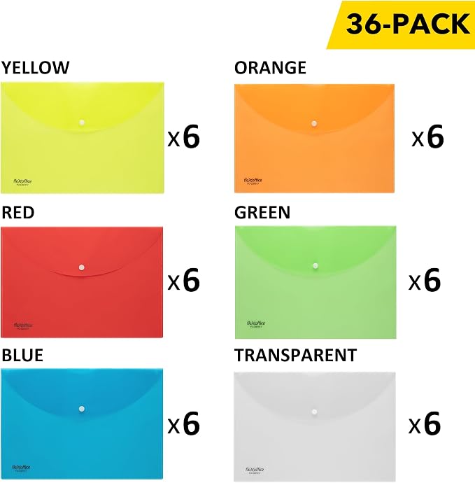 FLEXOFFICE 36 Pack Plastic Envelopes with Snap Closure, Legal Size, 15"x10.2", 6 Assorted Colors, File Folders for A4 Size, Letter Documents for Business, School, Home