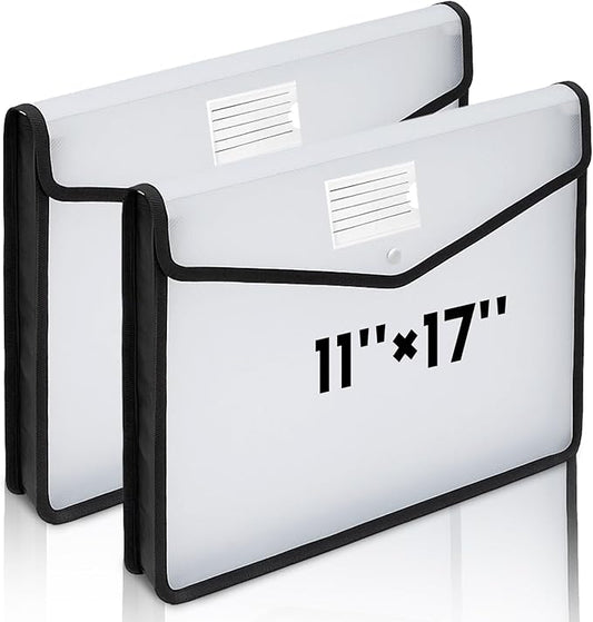 AmazingSpark 2 Pcs 11 x 17 Inch Expandable Tabloid Size Document Folder Organizers with Snap Closure & Label, Clear Plastic Expanding File Folder for A3 Ledger Size Plots Charts (Black)