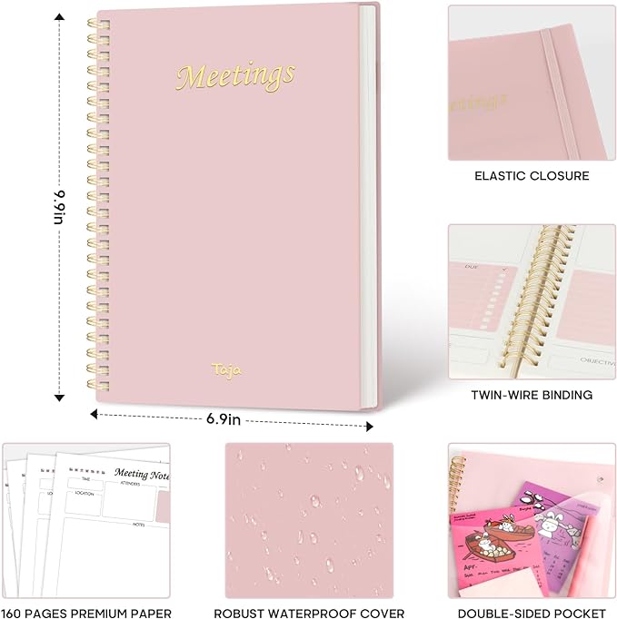 6 Pack of Meeting Notebook for Work Organization - Work Planner Notebook with Action Items, Agenda Planner for Note Taking, 160 Pages (6.9" X 9.9") Project Organizer for Men & Women - Pink