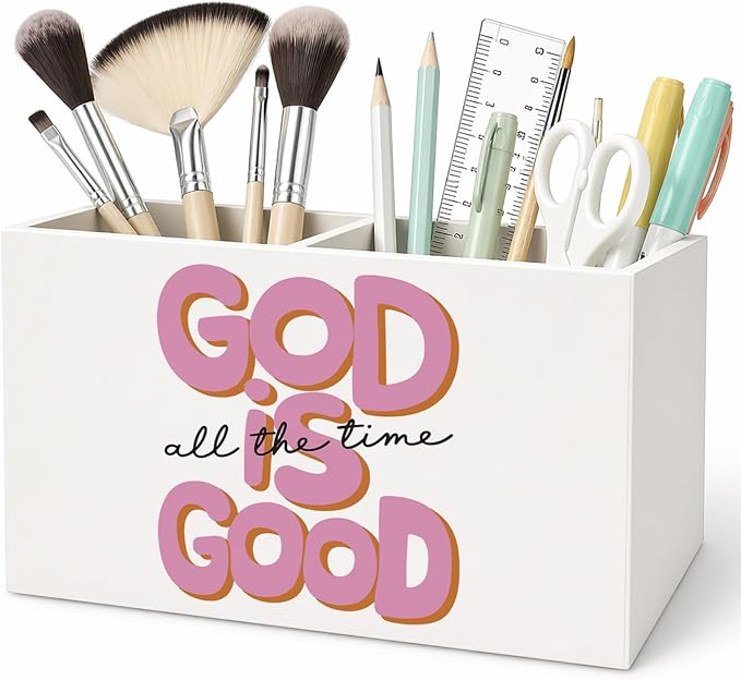 Christian Pen Pencil Holder for Desk Christian Gifts for Women Girls, God is Good All the Time Bible Verse Pencil Holders Wooden Box Organizer for Home Office Bedroom Desk Tabletop