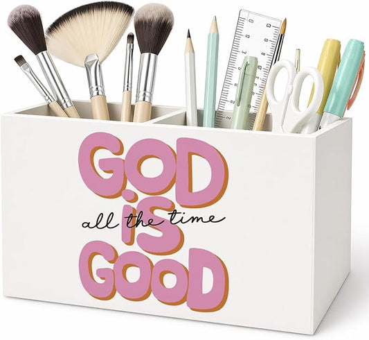 Christian Pen Pencil Holder for Desk Christian Gifts for Women Girls, God is Good All the Time Bible Verse Pencil Holders Wooden Box Organizer for Home Office Bedroom Desk Tabletop