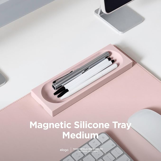 elago Smart Magnetic Desk Mat Pencil Tray – Soft Silicone Organizer for Office Supplies, AirPods, Glasses, Pens – Noise-Free, Non-Slip, Washable, Item for Desk Management [Medium] (Lovely Pink)