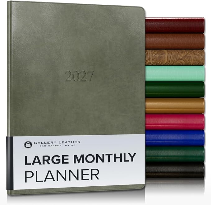 Gallery Leather Large Monthly Planner 2027, Elegantly Bound Calendar Planner and Notebook with Stylish Gold-Gilded Page Edges, 18 Months - Acadia Cactus - 9.75x7.5"