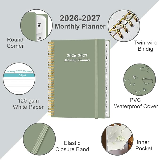 2026-2027 Monthly Planner - 18 Monthly Calendar, January 2026 - June 2027, Two Pages Per Month, 9" x11" Planner with Tabs, Strong Twin-Wire Binding, Inner Pocket, Green
