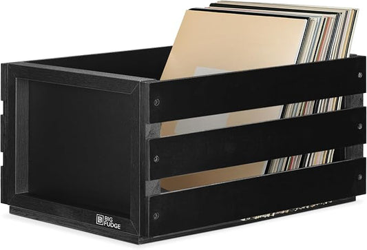 Big Fudge Wood Record Crate - Vinyl Album Storage Holder Box Wooden Case with Chalkboard Sign Board - Vinyl Record Storage Box for up to 80 LP Records