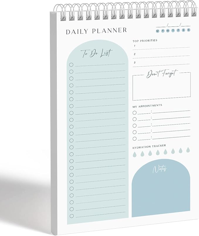 Daily Planner To Do List Notepad 60 Undated Pages,Pastel Blue,Twin-ring Spiral Bindling 6x9 Inch Desktop Daily Planning Notepad with Protective Cover, Water Intake, Habit Tracker