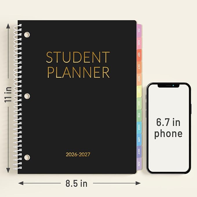 Student Planner 2026-2027, SUNEE Academic Weekly & Monthly Plan Book, Jul. 2026 - Jun. 2027, 8.5"×11" School Planner, Lesson Plan Book with Week's Goals, Bookmark, Monthly Tabs, 3-Hole Punched, Black
