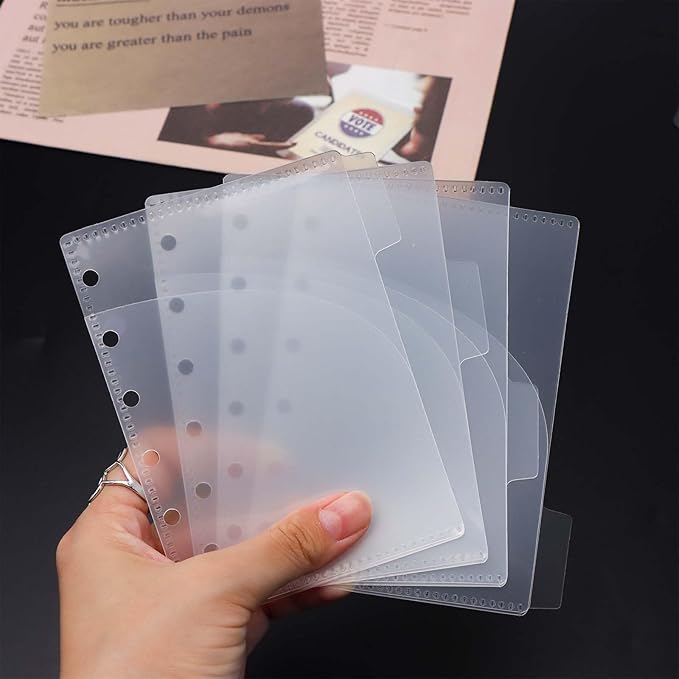 NatSumeBasics 8 A7 Binder Dividers Pockets with Tabs Zipless Cash Stuffing Envelopes Clear Binder Inserts and Tab Sticker for 6 Rings Budgeting Binder Accessories (8 A7 2 Layer)