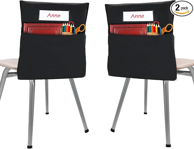 Black Chair Pockets for Classrooms, Seat Sacks for Classroom Chairs K-2 with Name Tag for Organizing Classroom Supplies Fits Students School Office College (2)
