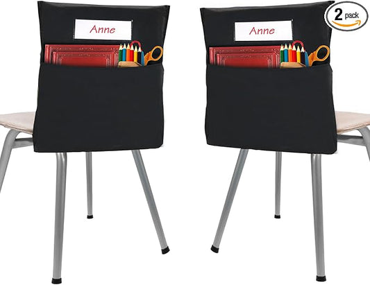 Black Chair Pockets for Classrooms, Seat Sacks for Classroom Chairs K-2 with Name Tag for Organizing Classroom Supplies Fits Students School Office College (2)