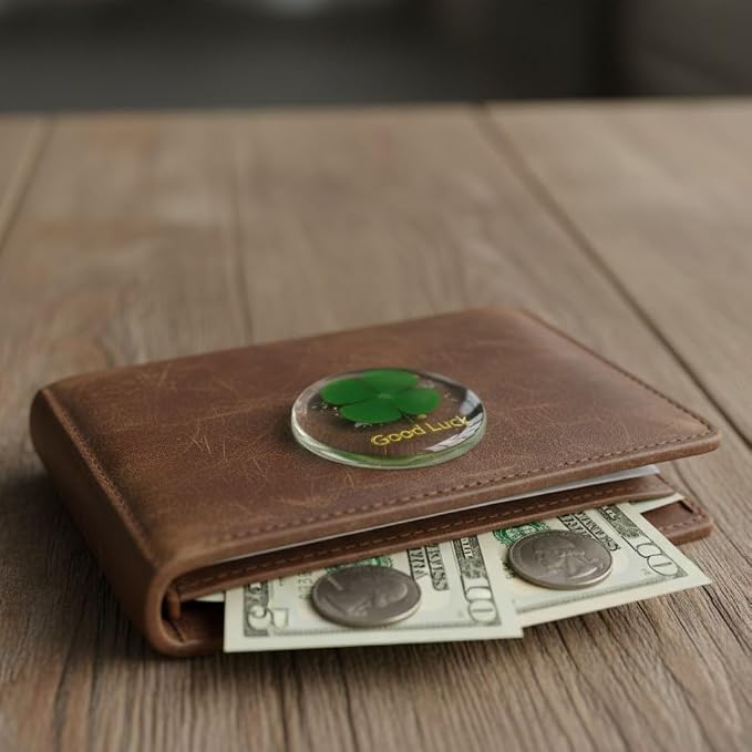 Real Four Leaf Clover Good Luck Pocket Token, Preserved Flower Resin Charm Gold Silver Foil, Real Clover for Wallet, Purse, Bag (Round Good Luck)